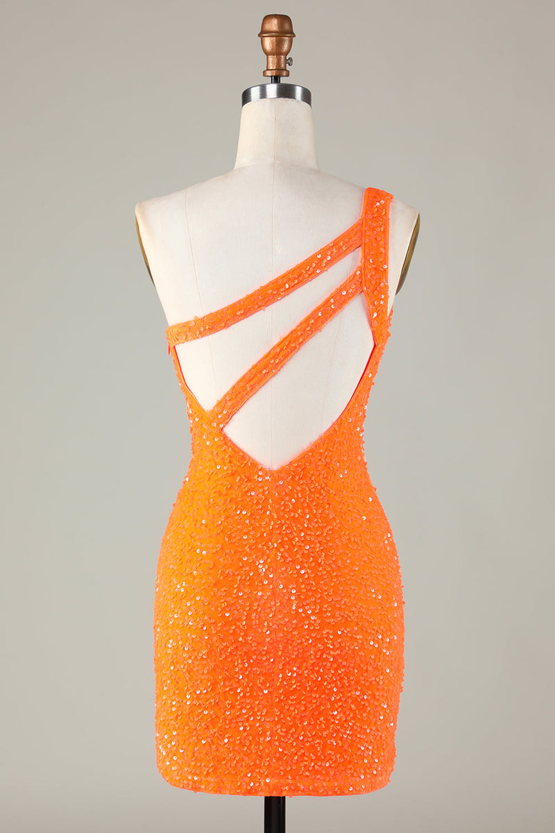 Load image into Gallery viewer, Sequins One Shoulder Orange Tight Beading Short Formal Dress