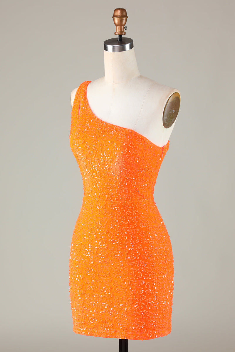 Load image into Gallery viewer, Sequins One Shoulder Orange Tight Beading Short Formal Dress