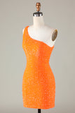 Sequins One Shoulder Orange Tight Beading Short Formal Dress