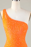 Sequins One Shoulder Orange Tight Beading Short Formal Dress