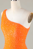 Sequins One Shoulder Orange Tight Beading Short Formal Dress