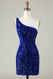 Sequins One-Shoulder Royal Blue Tight Beading Short Formal Dress