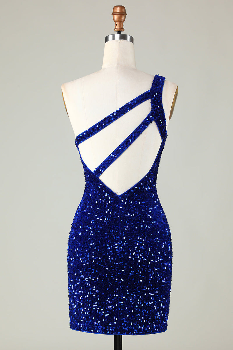Load image into Gallery viewer, Sequins One-Shoulder Royal Blue Tight Beading Short Formal Dress