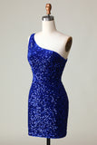 Sequins One Shoulder Orange Tight Beading Short Formal Dress