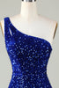 Load image into Gallery viewer, Sequins One-Shoulder Royal Blue Tight Beading Short Formal Dress