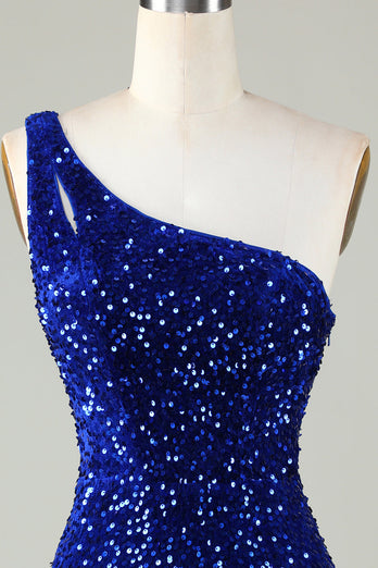 Sequins One-Shoulder Royal Blue Tight Beading Short Formal Dress