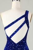 Sequins One-Shoulder Royal Blue Tight Beading Short Formal Dress