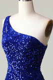 Sequins One-Shoulder Royal Blue Tight Beading Short Formal Dress