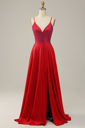 A Line Red Spaghetti Straps Beaded Long Formal Dress