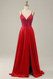 A Line Red Spaghetti Straps Beaded Long Formal Dress