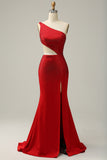 Mermaid One Shoulder Red Cut Out Formal Dress with Beading