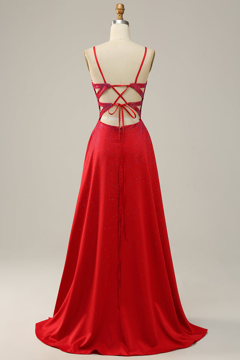 Load image into Gallery viewer, A Line Red Spaghetti Straps Beaded Long Formal Dress