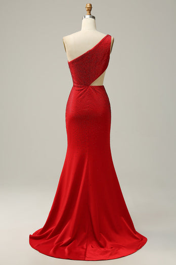 Mermaid One Shoulder Red Cut Out Formal Dress with Beading