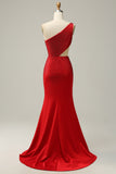 Mermaid One Shoulder Red Cut Out Formal Dress with Beading