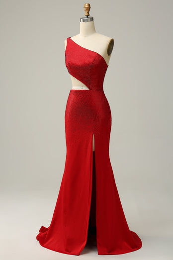Mermaid One Shoulder Red Cut Out Formal Dress with Beading