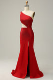 Mermaid One Shoulder Red Cut Out Formal Dress with Beading