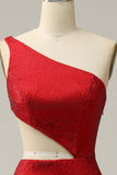 Mermaid One Shoulder Red Cut Out Formal Dress with Beading