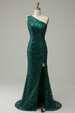 Mermaid One Shoulder Dark Green Sequins Long Formal Dress with Split Front