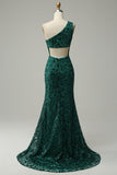 Mermaid One Shoulder Dark Green Sequins Long Formal Dress with Split Front