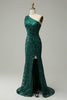 Load image into Gallery viewer, Mermaid One Shoulder Dark Green Sequins Long Formal Dress with Split Front