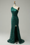 Mermaid One Shoulder Dark Green Sequins Long Formal Dress with Split Front