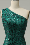 Mermaid One Shoulder Dark Green Sequins Long Formal Dress with Split Front