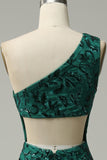 Mermaid One Shoulder Dark Green Sequins Long Formal Dress with Split Front