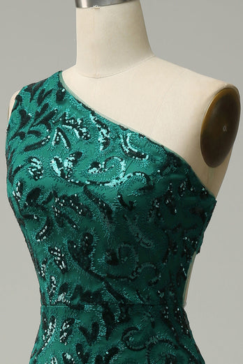 Mermaid One Shoulder Dark Green Sequins Long Formal Dress with Split Front