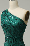 Mermaid One Shoulder Dark Green Sequins Long Formal Dress with Split Front