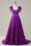 A Line Sweetheart Purple Long Formal Dress with Beading Feathers