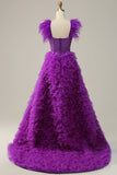 A Line Sweetheart Purple Long Formal Dress with Beading Feathers