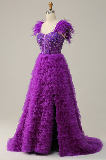 A Line Sweetheart Purple Long Formal Dress with Beading Feathers