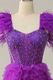 A Line Sweetheart Purple Long Formal Dress with Beading Feathers