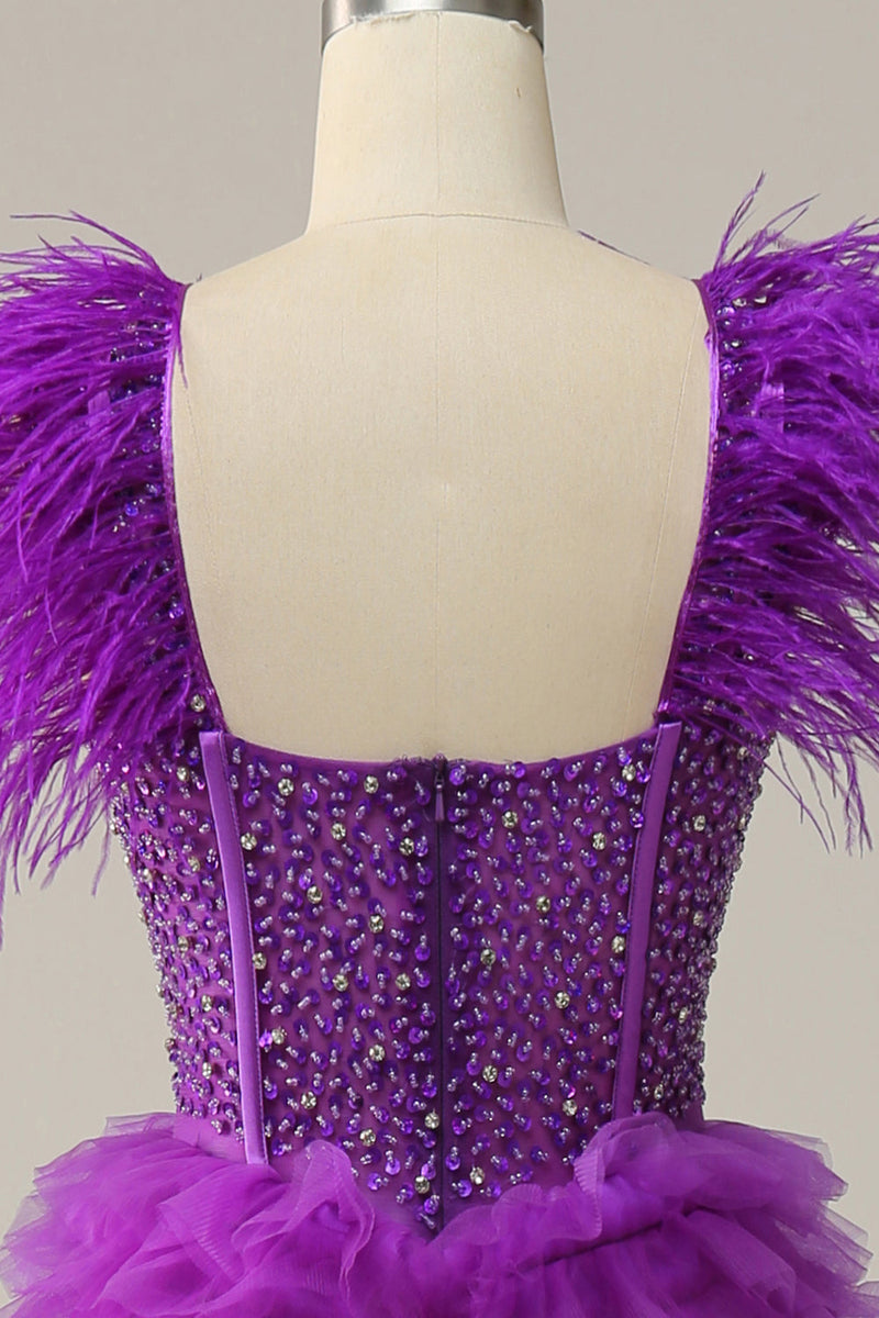 Load image into Gallery viewer, A Line Sweetheart Purple Long Formal Dress with Beading Feathers