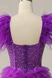 A Line Sweetheart Purple Long Formal Dress with Beading Feathers