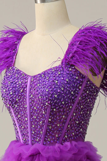 A Line Sweetheart Purple Long Formal Dress with Beading Feathers
