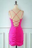 Rose Pink Lace Up Tight Cocktail Dress