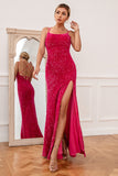 Hot Pink Spaghetti Straps Sequin Formal Dress