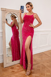 Hot Pink Spaghetti Straps Sequin Formal Dress