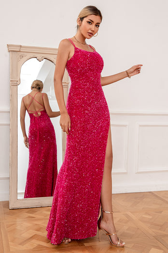 Hot Pink Spaghetti Straps Sequin Formal Dress