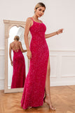 Hot Pink Spaghetti Straps Sequin Formal Dress