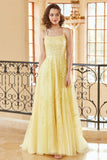 Gorgeous A Line Spaghetti Straps Yellow Long Formal Dress with Appliques