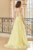 Gorgeous A Line Spaghetti Straps Yellow Long Formal Dress with Appliques