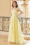 Gorgeous A Line Spaghetti Straps Yellow Long Formal Dress with Appliques