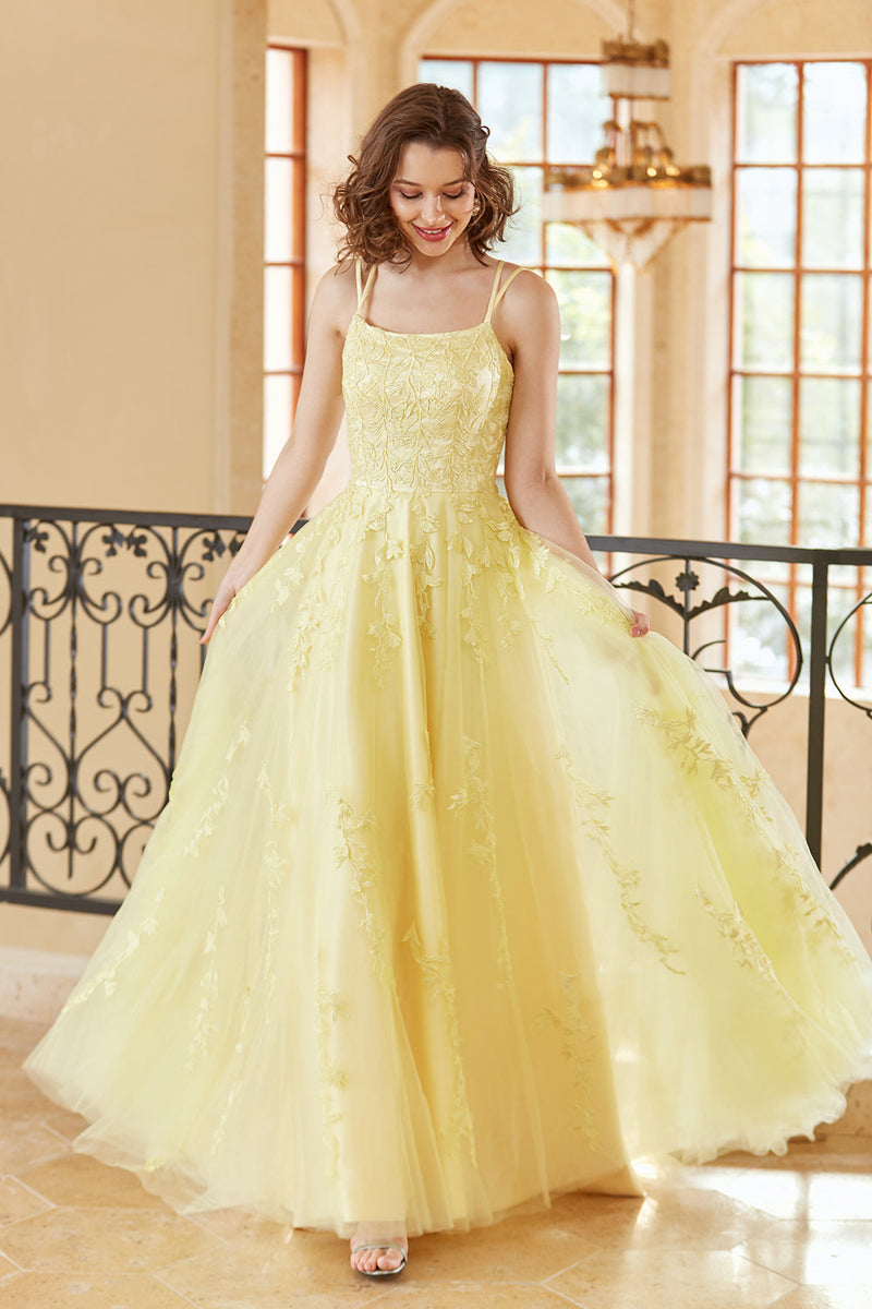 Load image into Gallery viewer, Gorgeous A Line Spaghetti Straps Yellow Long Formal Dress with Appliques