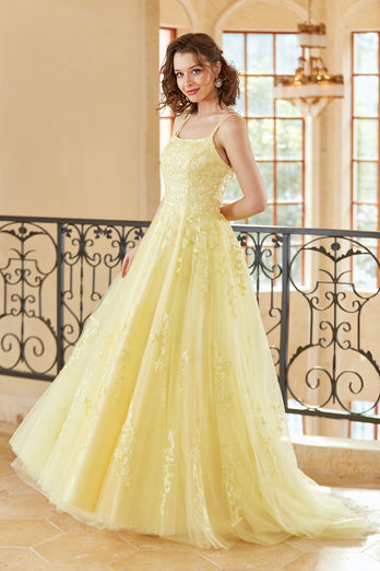 Gorgeous A Line Spaghetti Straps Yellow Long Formal Dress with Appliques