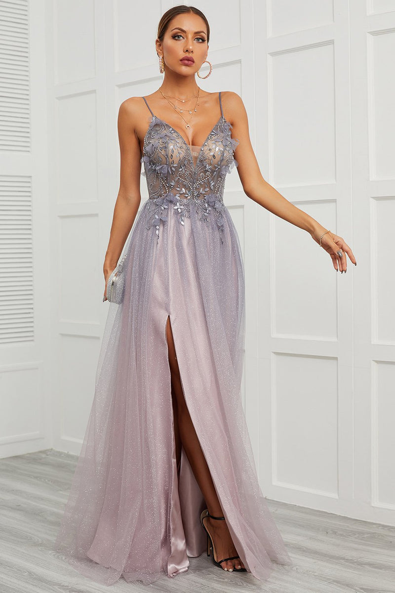 Load image into Gallery viewer, Spaghetti Straps Appliques Long Formal Dress with Split Front