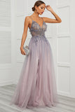 Spaghetti Straps Appliques Long Formal Dress with Split Front