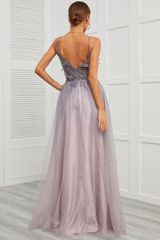 Spaghetti Straps Appliques Long Formal Dress with Split Front