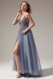 V-neck Long Prom Dress With Slit